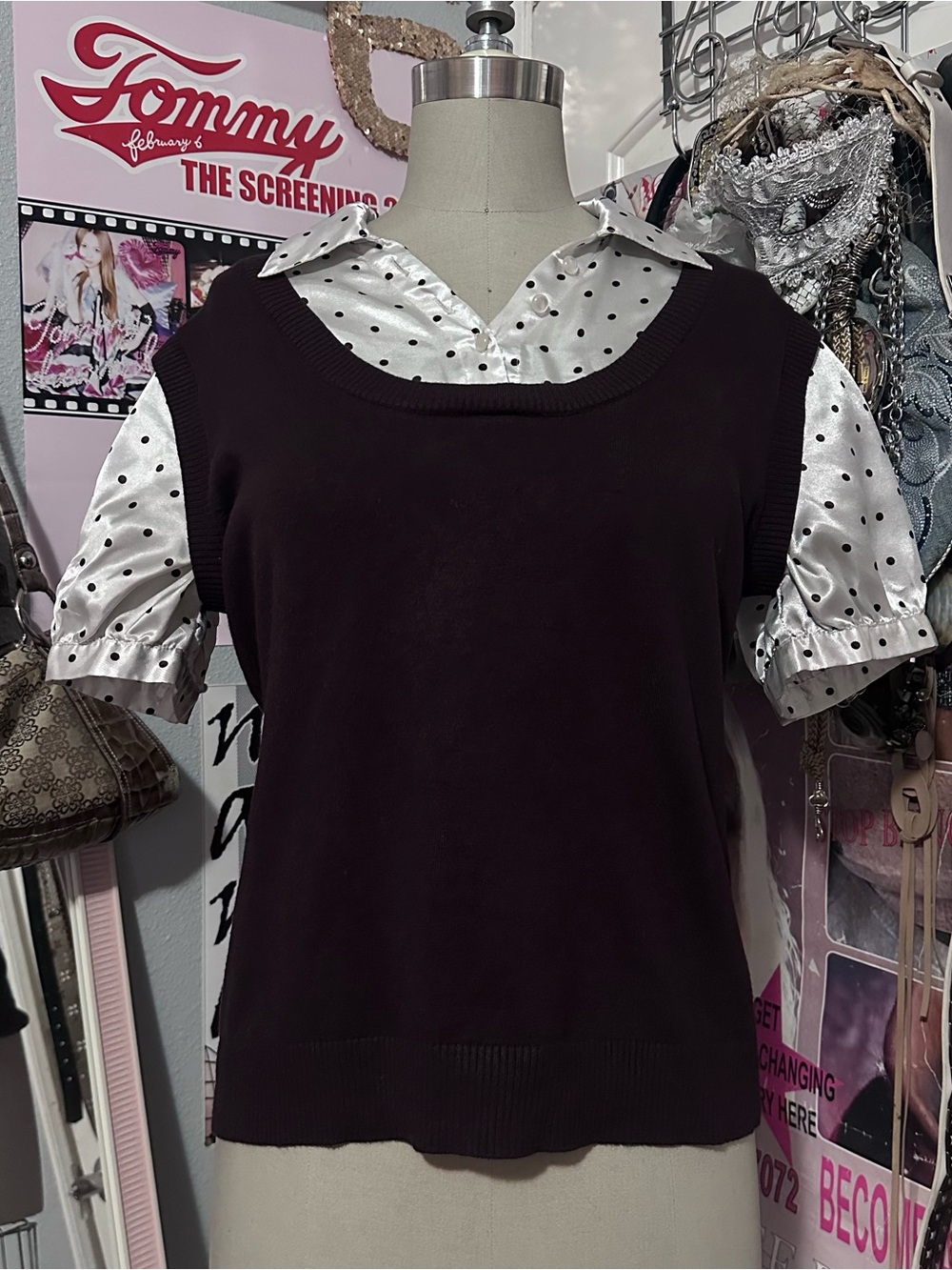 Debbie Morgan Brown Sweater Blouse w/ Brown Polka Dots on Satin Detailing size L